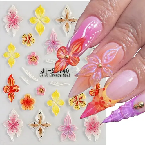 Vista 3 de 4 hojas de calcomanías de flores para arte de uñas, calcomanías de hibisco en relieve 5D, rosa, blanco, lirio, hibisco, flores tropicales, verano