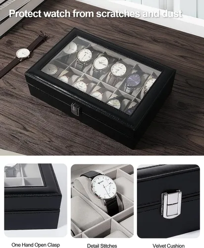 Vista 3 de Uten Caja de reloj, caja de reloj de cuero con 12 ranuras, organizador de caja de reloj, almacenamiento de joyas con tapa de vidrio grande, estuche