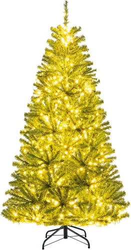 Vista 13 de Goplus - Árbol de Navidad artificial nevado de 4.5 pies, con nieve, flocado, con bisagras, preiluminado con 200 luces LED, 400 puntas de ramas
