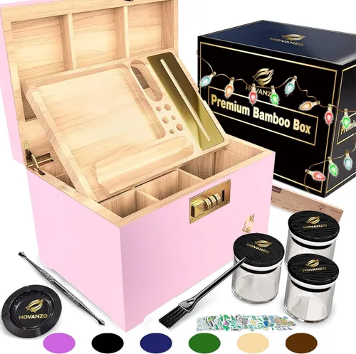 Vista 9 de HOVANZO Caja de almacenamiento grande de bambú premium con bandeja organizadora, caja de madera de almacenamiento y accesorios, caja decorativa