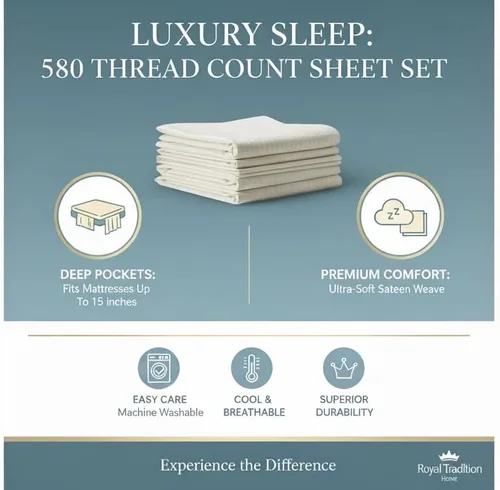 Vista 4 de Royal Tradition Damasco rayado 580 hilos, 100 % algodón tamaño Queen juego de sábanas de cama beige