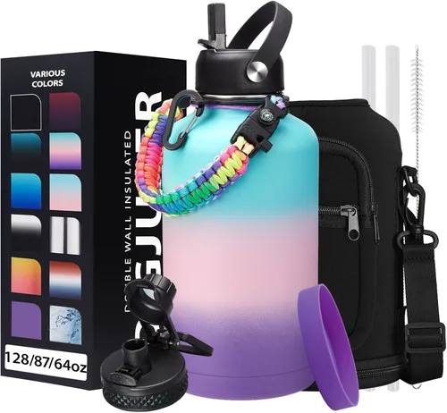 Vista 37 de Botella de agua aislada de 1 galón, con popote y tapa de pico automático, mango de paracord, funda para botella, botella de agua de acero inoxidable