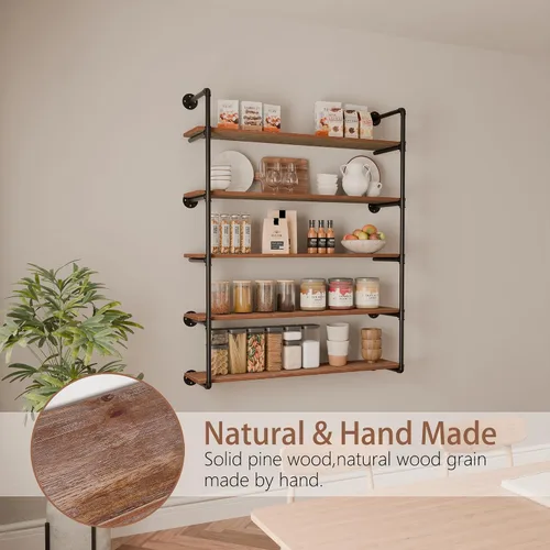 Vista 5 de Estante industrial de tubo de hierro de 5 niveles, estantería de tubo de 48 pulgadas con tablón de madera maciza, estantes abiertos para libros