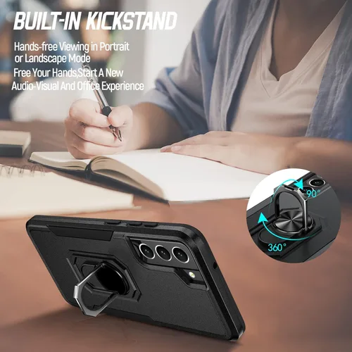 Vista 4 de Oterkin Funda para Samsung Galaxy S21 FE, resistente a prueba de golpes de grado militar con soporte y protector de pantalla de vidrio templado