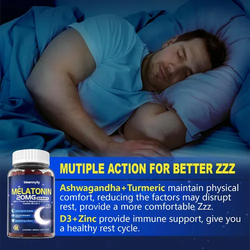 Vista 5 de Gomitas de melatonina de 20 mg para adultos - Gomitas de melatonina sin azúcar de fuerza extra con L-teanina, magnesio, ashwagandha, cúrcuma, D3