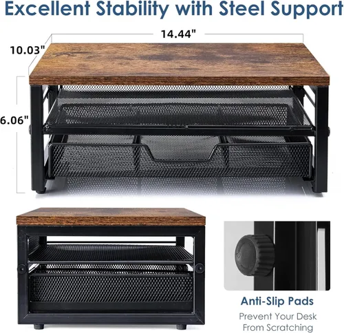Vista 3 de ARCOBIS Elevador de monitor con cajones y soportes para bolígrafos, soporte para monitor de computadora de metal de madera y malla