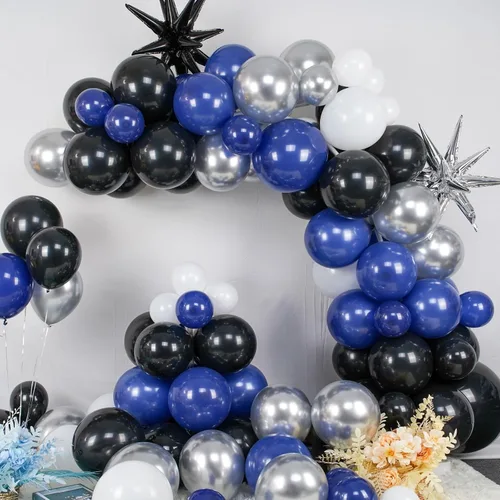 Vista 3 de Kit de arco de globos azul marino y negro, guirnalda de globos con globos de papel de aluminio metálico plateado blanco oscuro globos de látex