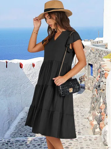 Vista 3 de ANRABESS Vestido de verano para mujer, manga con volantes, cuello en V, vestido midi a la moda, casual, holgado, escalonado, bohemio, playa