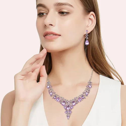 Vista 3 de EVER FAITH Conjunto de joyas de cristal austriaco para dama de honor, collar de lágrima de flor de declaración