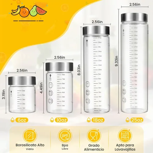 Vista 2 de Botellas de vidrio para jugo con tapas, botellas de agua de vidrio de boca ancha de 6 onzas para jugos, proteínas, batidos, leche, tapas de acero