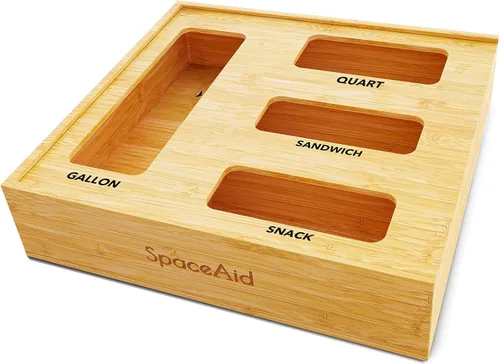Vista 10 de SpaceAid Organizador de bolsas para cajón de cocina, de bambú, compatible con galón, cuarto de galón, sándwiches y aperitivos, para bolsas de 4