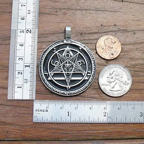 Vista 4 de Ouroboros 666 sigil de Baphomet - Colgante de plata de cabra sabática de peltre con medallón de la iglesia de Satán (cadena de acero inoxidable)