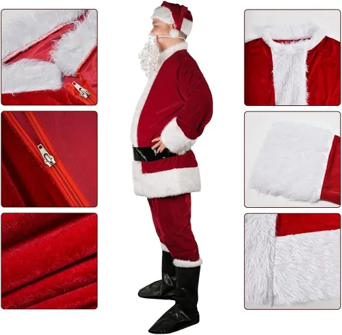 Vista 4 de KLLOUZE Christmas Santa Claus Suit Adult Mens Santa Costume Xmas Classic Flannel Cosplay Clothes Santa Fancy Suits Outfit