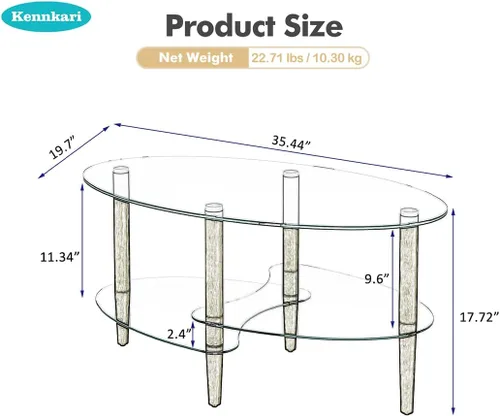 Vista 3 de Mesa de centro ovalada con almacenamiento, moderna mesa de vidrio de 3 capas para sala de estar (marrón)