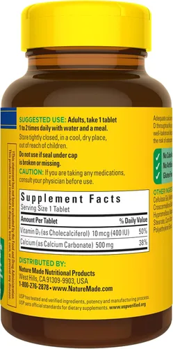 Vista 9 de Calcio Nature Made de 500 mg con vitamina D3, suplemento dietético para el apoyo óseo, 130 tabletas