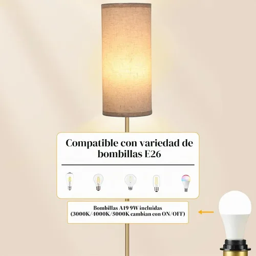 Vista 7 de Boostarea - Lámpara de pie para sala de estar con bombilla de 3 temperaturas de color, lámparas de pie industriales, lámpara alta clásica dorada
