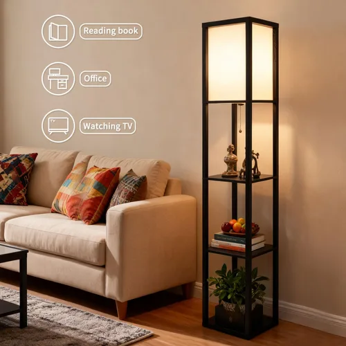 Vista 4 de Lámpara de pie con estantes, moderna lámpara de estante cuadrada con pantalla blanca, lámpara de pie de esquina para sala de estar, dormitorio