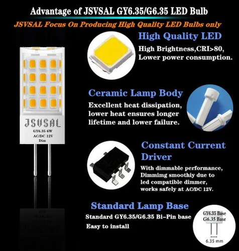 Vista 3 de Bombilla LED GY6.35 regulable, T4 JC tipo GY6.35/G6.35 base bi-pin, AC/DC 12V blanco cálido 2700K, 6W equivalente a 50-65W G6.35/GY6.35