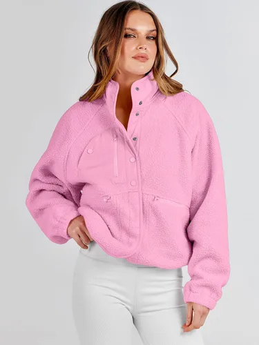 Vista 9 de ANRABESS Chaqueta de forro polar para mujer, con botones, informal, sherpa, recortada, abrigo, abrigo, con bolsillos