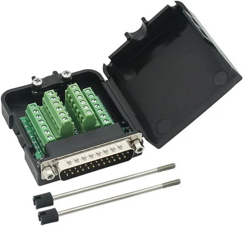 Vista 2 de DB25 Breakout Board Adaptador macho sin soldadura Adaptador de puerto de 25 pines a conector terminal Módulo de señal Tornillos largos y tuercas