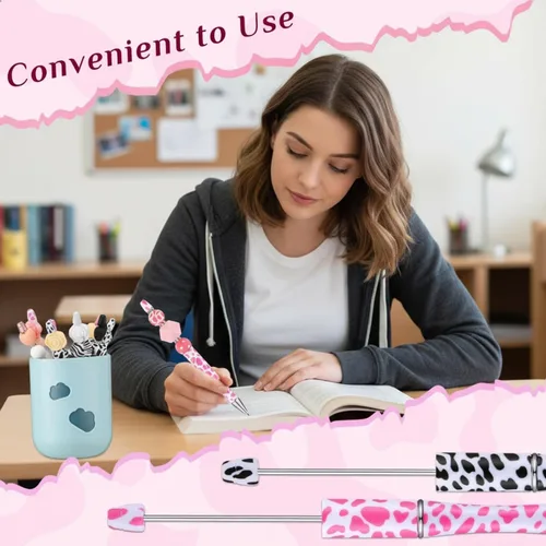 Vista 5 de Qeeenar 24 bolígrafos con cuentas con estampado de vaca, estilo occidental, a granel, de plástico, rosa, con cuentas, tinta negra, para estudiantes