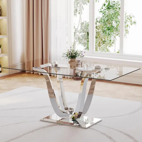 Vista 10 de Mesa de comedor de vidrio de 70 pulgadas para 4-8 personas, parte superior de vidrio templado y base de acero inoxidable en U dorada, escritorio