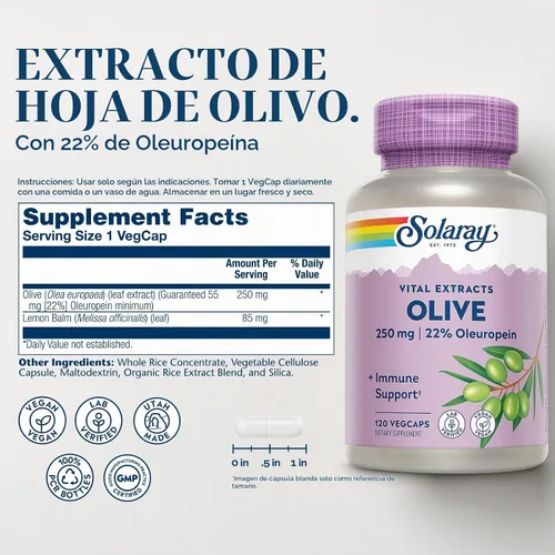 Vista 2 de SOLARAY Extracto de hoja de olivo suplemento al 22%, 250 mg 120