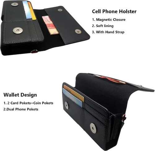 Vista 2 de Funda horizontal de cuero con clip para cinturón para iPhone 12, 12 Pro, 11 Pro Mas, 6s Plus, bolsa de transporte con 2 bolsillos con tarjetero