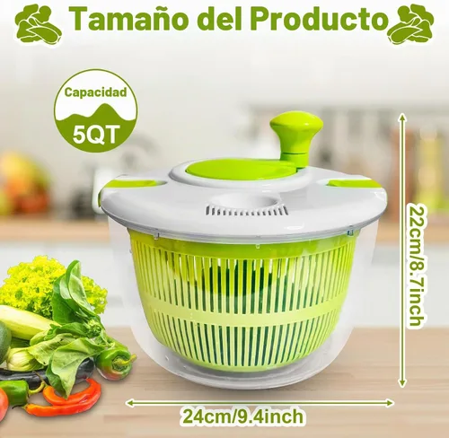 Vista 2 de Ensalada hilandera, secadora de lavado de verduras y frutas, hiladora de lechuga, para lavar frutas, verduras, pasta, verde, 5L