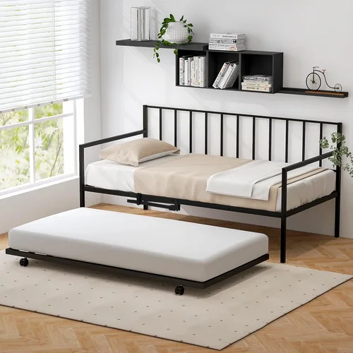 Vista 10 de Giantex Marco de cama de metal tamaño individual, cama de día con soporte de listones de metal y barandillas de 3 lados, sofá cama 2 en 1 que ahorra