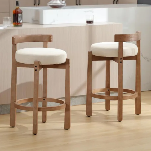 Vista 8 de DUOMAY Juego de 2 taburetes de bar modernos de 26 pulgadas de altura de mostrador, taburetes redondos de madera sin brazos, taburete de isla de Beige