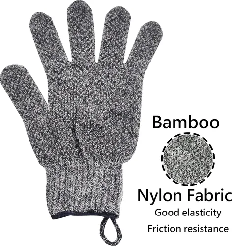 Vista 2 de Guantes exfoliantes con lazo para colgar, 1 par de guantes de baño y ducha de carbón de bambú, guantes de baño para exfoliación de ducha y cabello