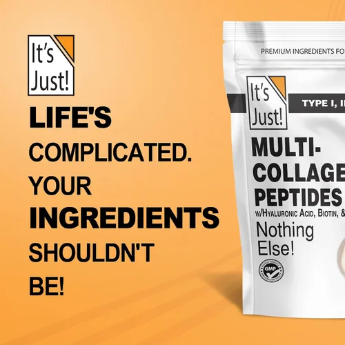Vista 6 de It's Just! - Péptidos de colágeno múltiple (tipos I, II, III, V, X) con vitamina C, biotina, ácido hialurónico, sin sabor añadido, probado