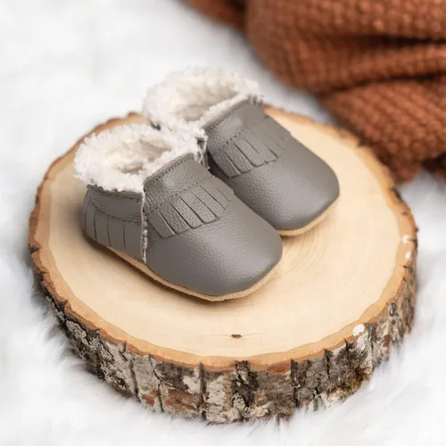 Vista 5 de BirdRock Baby Mocasines Sherpa - Zapatos de invierno acogedores de cuero genuino para niños y niñas