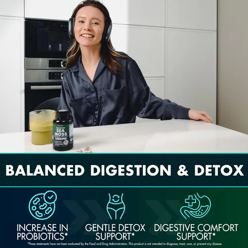 Vista 4 de Cápsulas de Musgo Marino - Musgo Marino Irlandés Avanzado con Raíz de Bardana, Fucus & Muira Puama para la Inmunidad, el Intestino y la Energía
