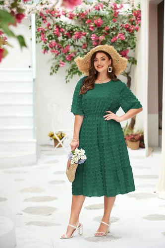 Vista 5 de IN'VOLAND Vestido de gasa con lunares suizos para mujer, talla grande, de gasa, de manga corta, cintura alta, acampanado, con volantes, vestido midi
