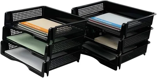 Vista 8 de Bandeja de almacenamiento de papel apilable de plástico, bandeja apilable de oficina, negro, paquete de 6