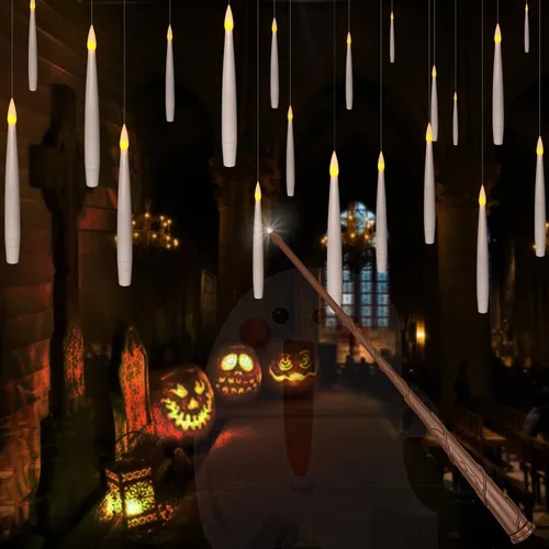 Vista 9 de Leejec Velas Flotantes con Control Remoto de Varita Mágica (Temporizador de 6/18H), 12 piezas Velas Cónicas Colgantes Sin Llama de 6.1", Luz Cálida