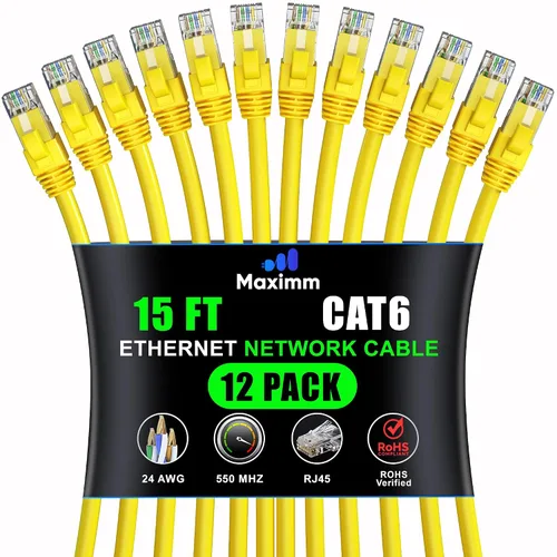 Vista 54 de Maximm Cable Ethernet Cat6 de 7 pies, 10 Gbps 550 MHz, negro, paquete de 12