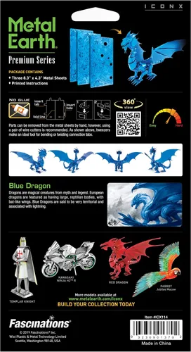 Vista 2 de Metal Earth Fascinations Premium Series Blue Dragon 3D Kit de modelo de metal con pinzas