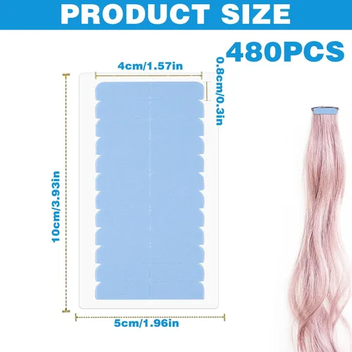 Vista 2 de 480 Piezas de Cinta Adhesiva para Extensiones de Cabello, Cinta Adhesiva de Doble Cara para Cabello Humano, Cinta Adhesiva de Reemplazo para Azul