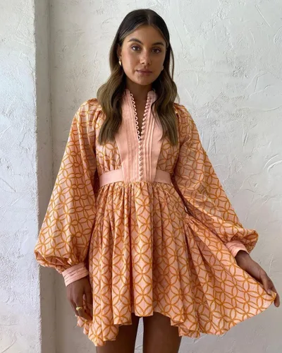 Vista 2 de Aox Women Vestido de manga con volantes y botones para la cintura, con bolsillos, mini falda con correa para la cintura