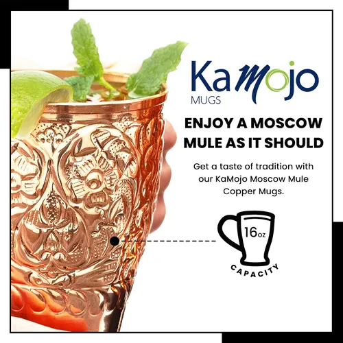 Vista 3 de Kamojo Moscow Mule Cups - Juego de 4 tazas de cobre Moscow Mule de primera calidad con diseño único en relieve y antideslustre, revestimiento