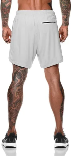 Vista 3 de Akk Pantalones cortos 2 en 1 para hombre, para correr, entrenamiento, yoga, gimnasio, deportes, con bolsillos para teléfono con cremallera
