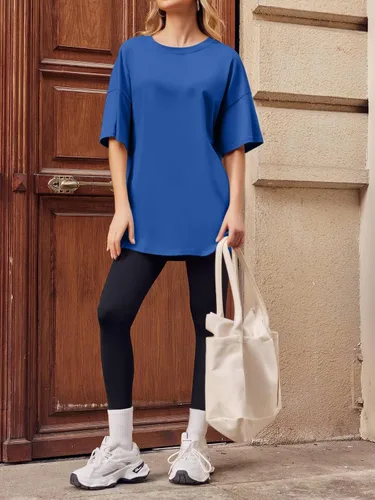 Vista 4 de Fisoew Camisetas de gran tamaño para mujer, camisetas de media manga con cuello redondo de algodón