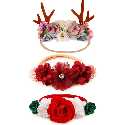 Vista 23 de Diadema floral de nailon para bebé, corona de flores, banda elástica para el cabello, 3 piezas, accesorios para el cabello, regalo para niñas, 2#