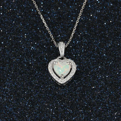 Vista 5 de Lam Sence Collar con colgante de ópalo creado en forma de corazón de plata esterlina (corazón de halo de ópalo de 0.236 in)