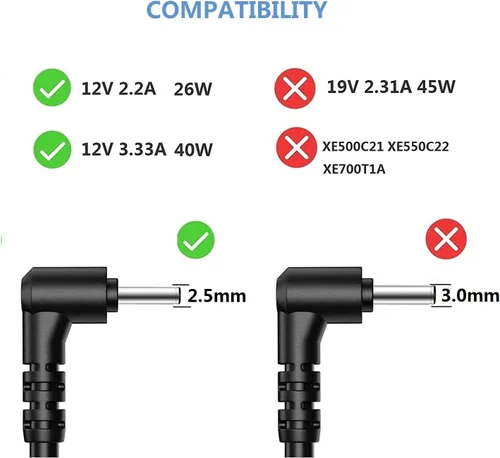 Vista 2 de ZOZO Cargador de 12V 2.2A 26W para Samsung Chromebook 2 3 303c 500c 501c 503c Xe303c12 Xe500c12 Xe500c13 Xe501C13 Xe503c12 Xe503c32 NP930X2 K ATIV
