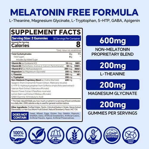 Vista 2 de VEETAGYO Gomitas de suplemento GABA de 5 HTP sin melatonina para adultos y niños mayores de 12 años con L-teanina, glicinato de magnesio