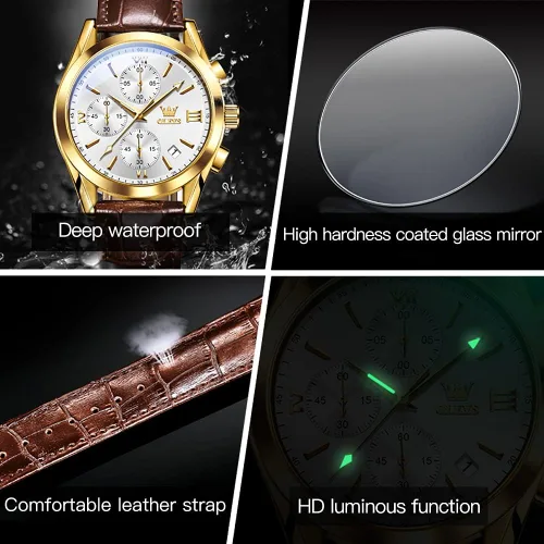 Vista 5 de OLEVS Reloj cronógrafo de cuarzo para hombre correa de cuero dorada con fecha de día reloj de pulsera de acero inoxidable impermeable relojes